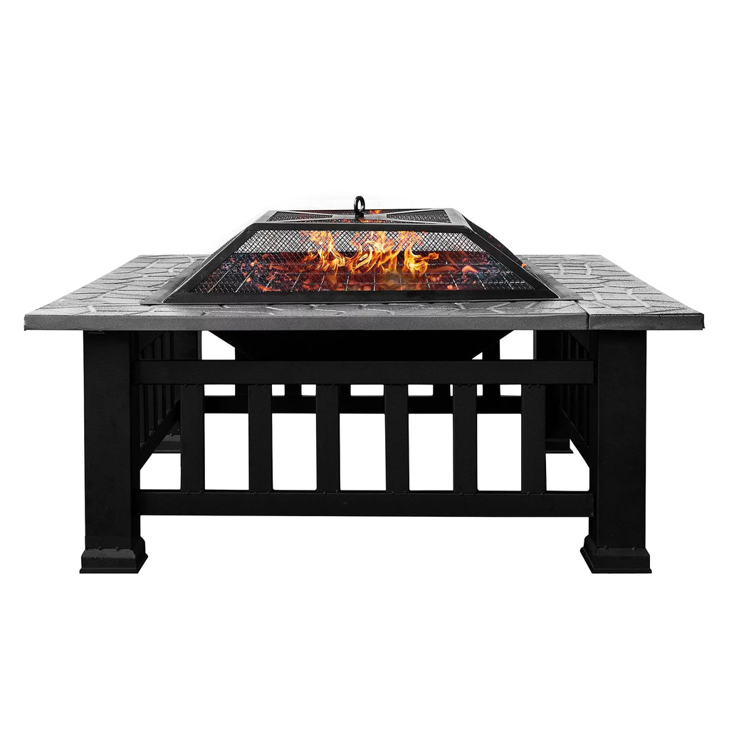 Kmowoo Multifunctional Fire Pit Table 32in 3 in 1 Metal Square Patio Firepit Table BBQ Garden Stove with Spark Screen, protector, Log Grate and Poker