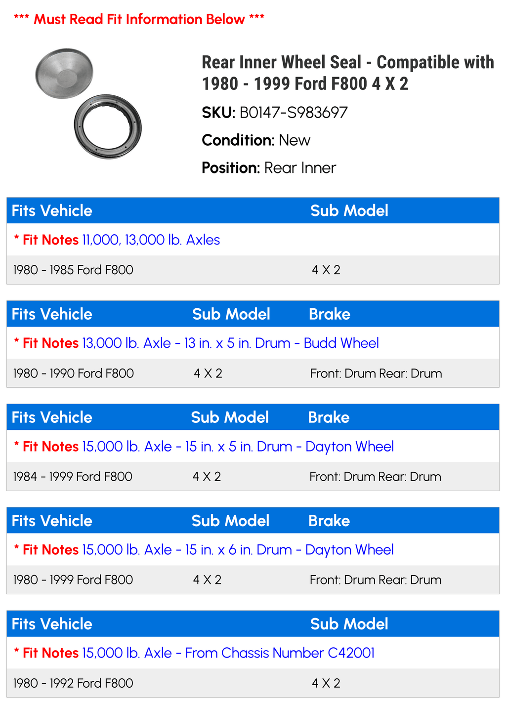 Rear Inner Wheel Seal - suitable with 1980 - 1999  F800 4 X 2 1981 1982 1983 1984 1985 1986 1987 1988 1989 1990 1991 1992 1993 1994 1995 1996 1997 1998