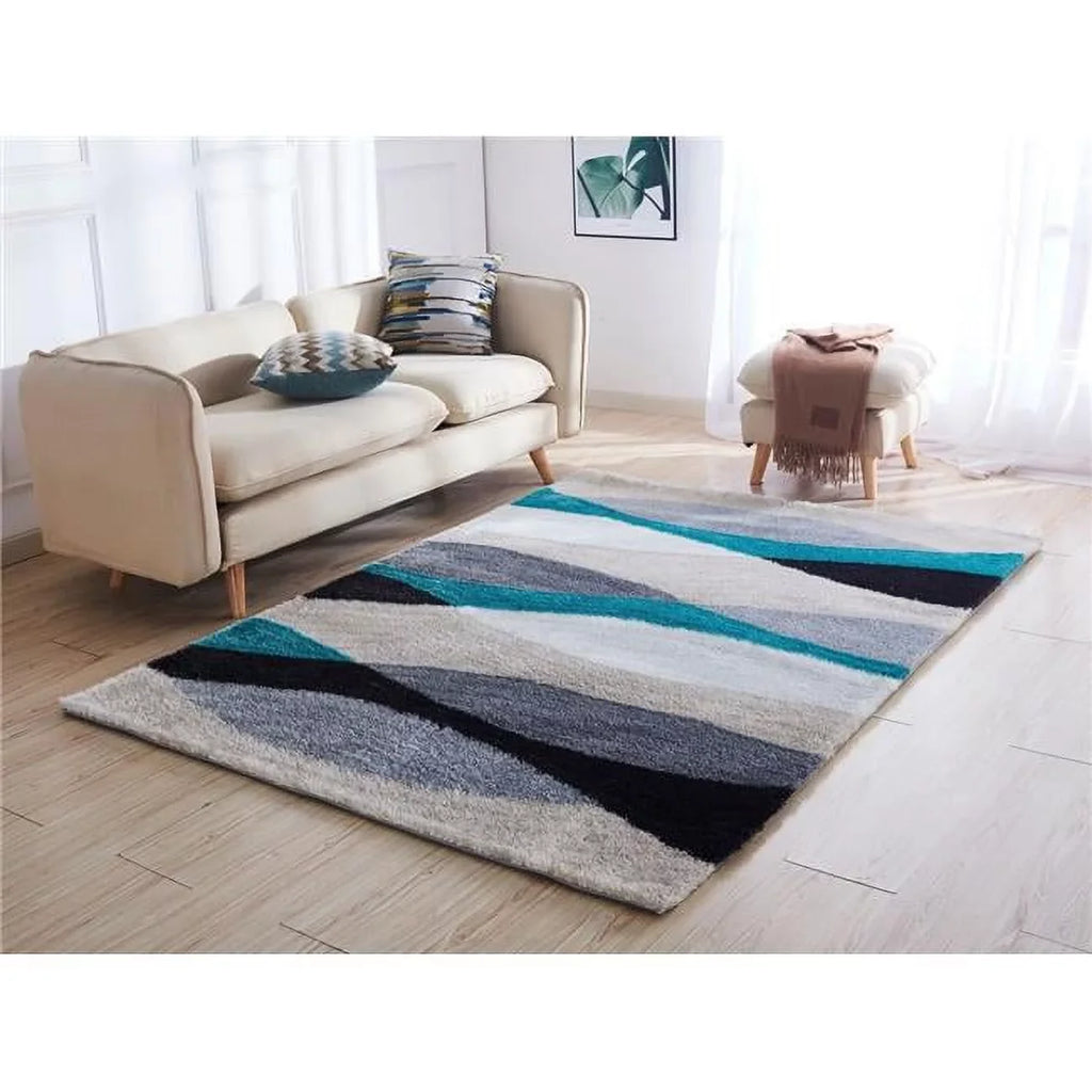 Aria Collection Soft Pile Hand Tufted Shag Area Rug in Grey & Turquoise. Amazing Rugs AC1024-57 5 x 7 ft