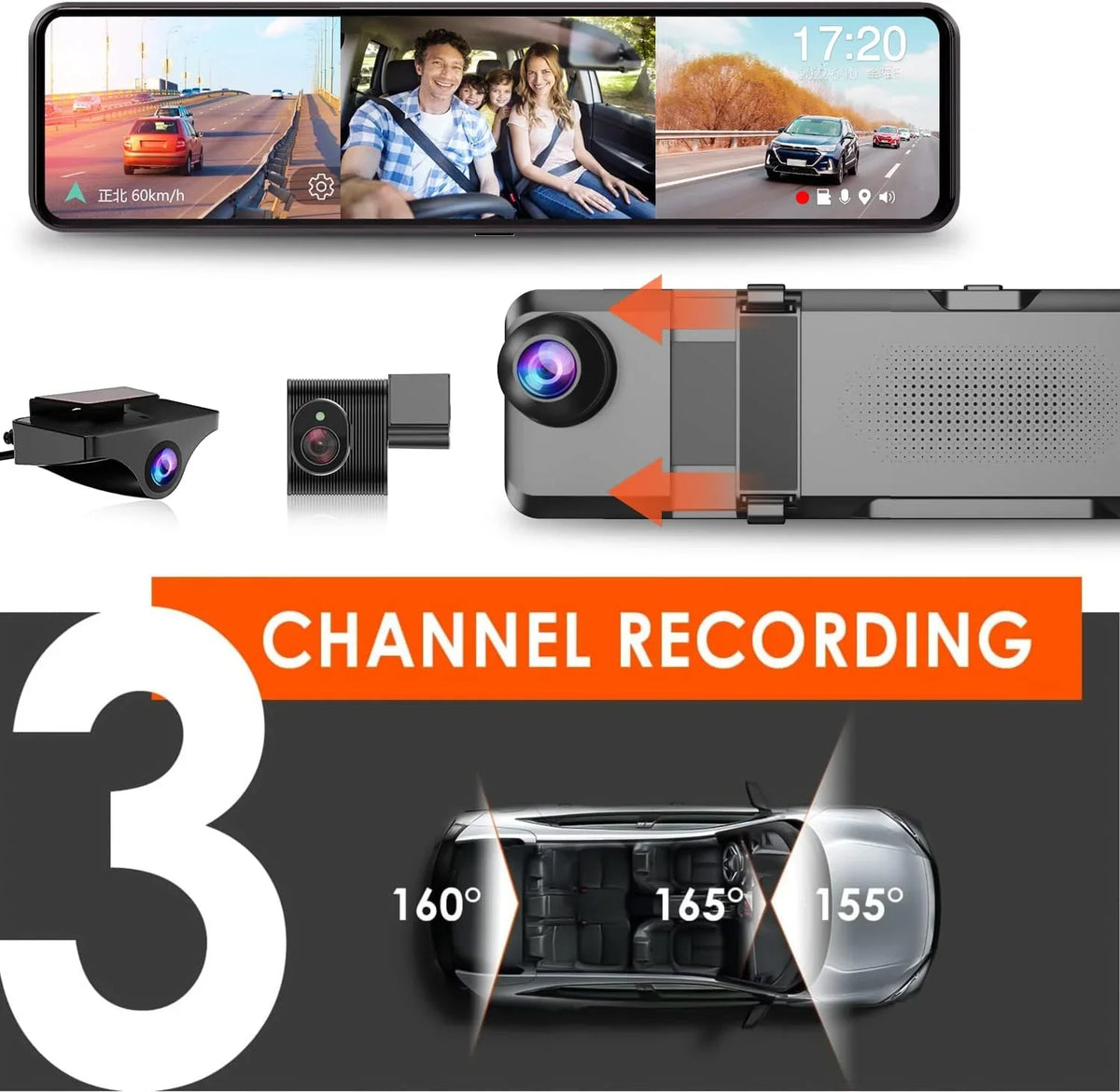 VVCAR 3 Channels Dash Cam 4K GPS 11" Touch Screen Rear View Mirror Camera for Car Night Vision G-Sensor Parking Monitor 32GB Card