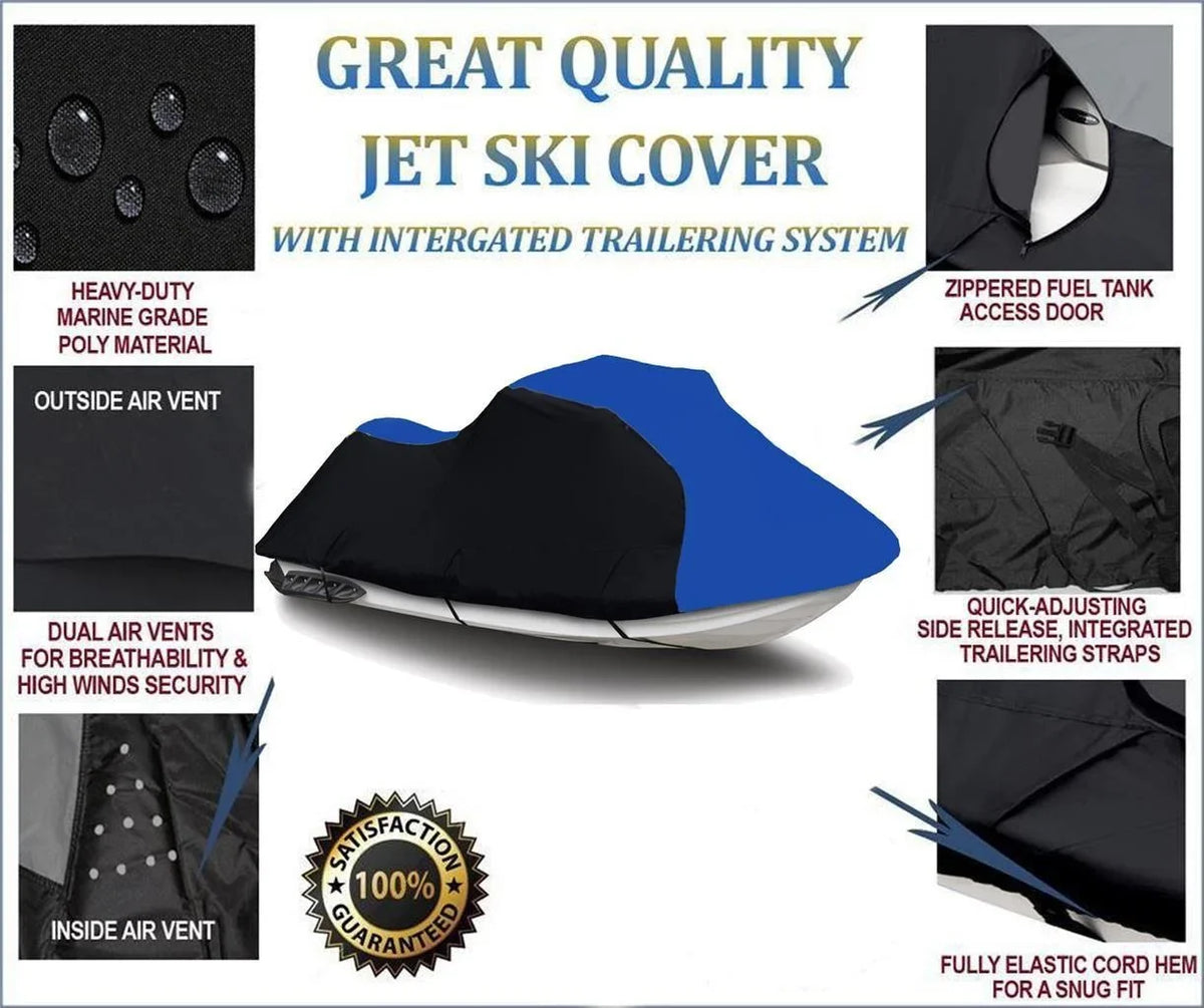 BLACK / BLUE HEAVY-DUTY, 600 DENIER protector matching for Kawasaki Ultra LX 2007 2008 2009 2010 2011 2012 2013 2014 2015 2016 2017 2018 2019 2020 2021 2022 Jet Ski PWC Watercraft protector Trailerable