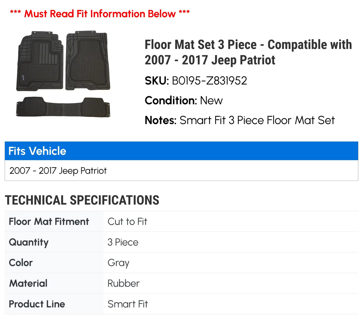 Floor Mat Set 3 Piece - appropriate with 2007 - 2017 Jeep Patriot 2008 2009 2010 2011 2012 2013 2014 2015 2016