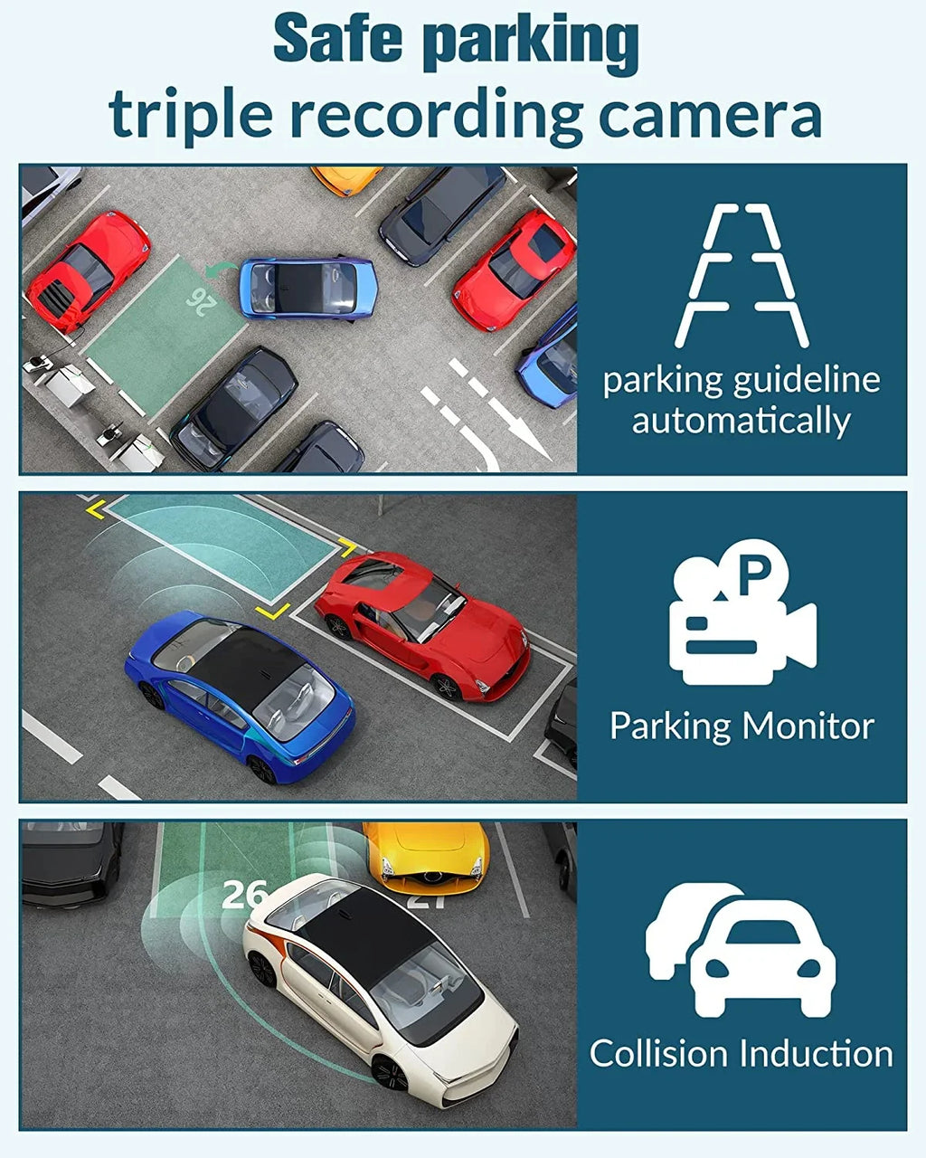 3 Channel Dash Cam Front and Rear Inside,4K Full UHD Dash Camera for Cars with Free 32GB SD Card,Built-in Super Night Vision,170°Wide Angle,2.0'' IPS Screen,WDR,Loop Recording,24H Parking Mode