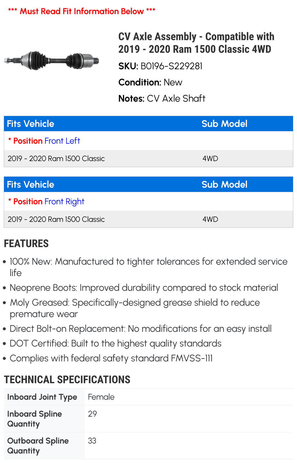 CV Axle Assembly - suitable with 2019 - 2020 Ram 1500 Classic 4WD