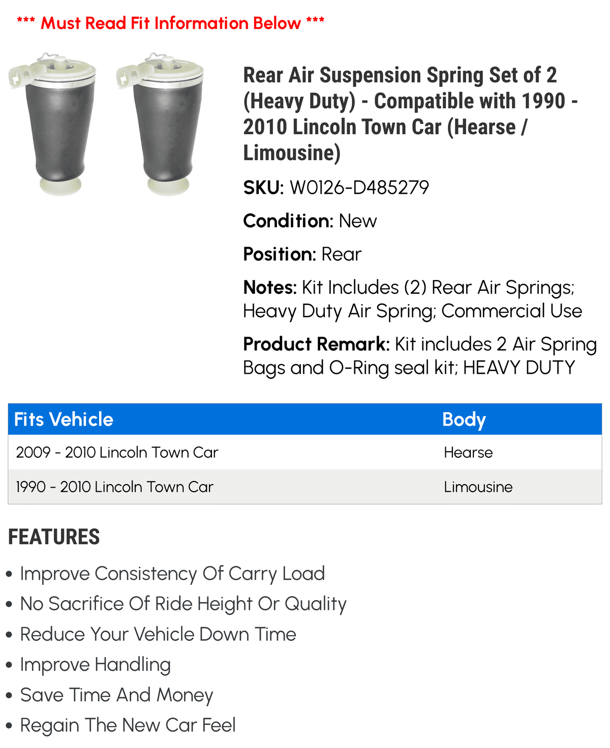 Rear Air Suspension Spring Set of 2 (Heavy Duty) - matching with 1990 - 2010 Lincoln Town Car (Hearse / Limousine) 1994 1995 1996 1997 1998 1999 2000 2001 2002 2003 2004 2005 2006 2007 2008